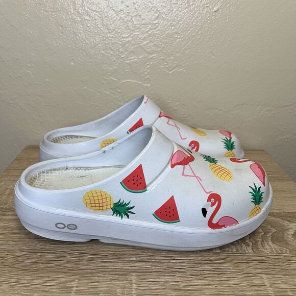 OOFOS Shoes - Oofos OOcloog White Pink Flamingo Fruit Recovery Shoe Clog Women’s Size 7